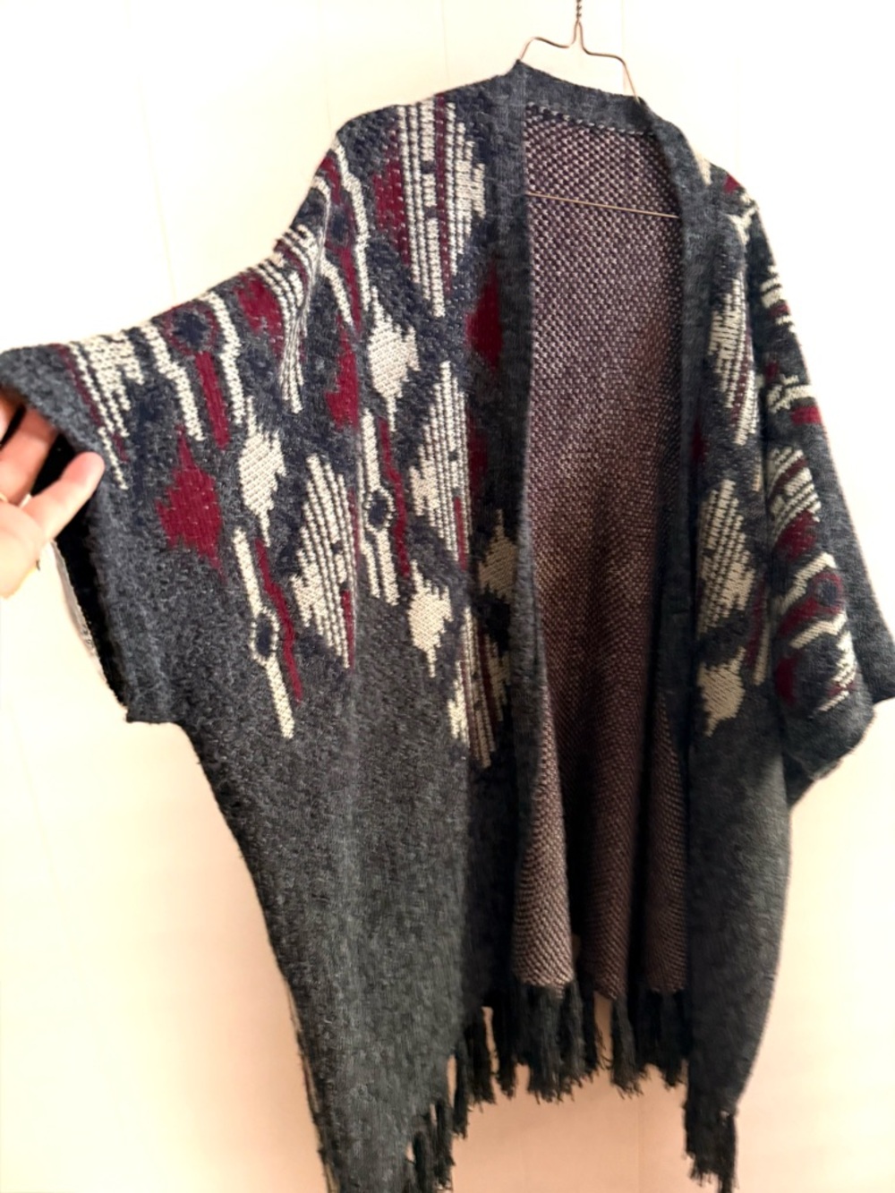Women's Dark Gray Patterned Fringe Sweater Poncho